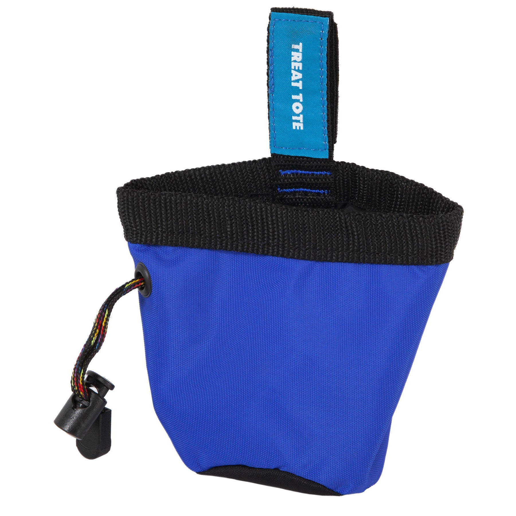 The Chuckit! Treat Tote by Chuckit is a blue and black, durable packcloth bag with a Treat Tote loop. It has a drawstring closure and toggle for easy access to pet treats, ideal for reward-based training.