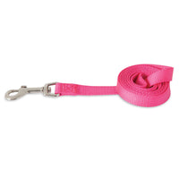 The Petmate Nylon Standard Core Dog Lead, in pink, is a durable leash featuring robust hardware and a metal clasp thats coiled neatly.