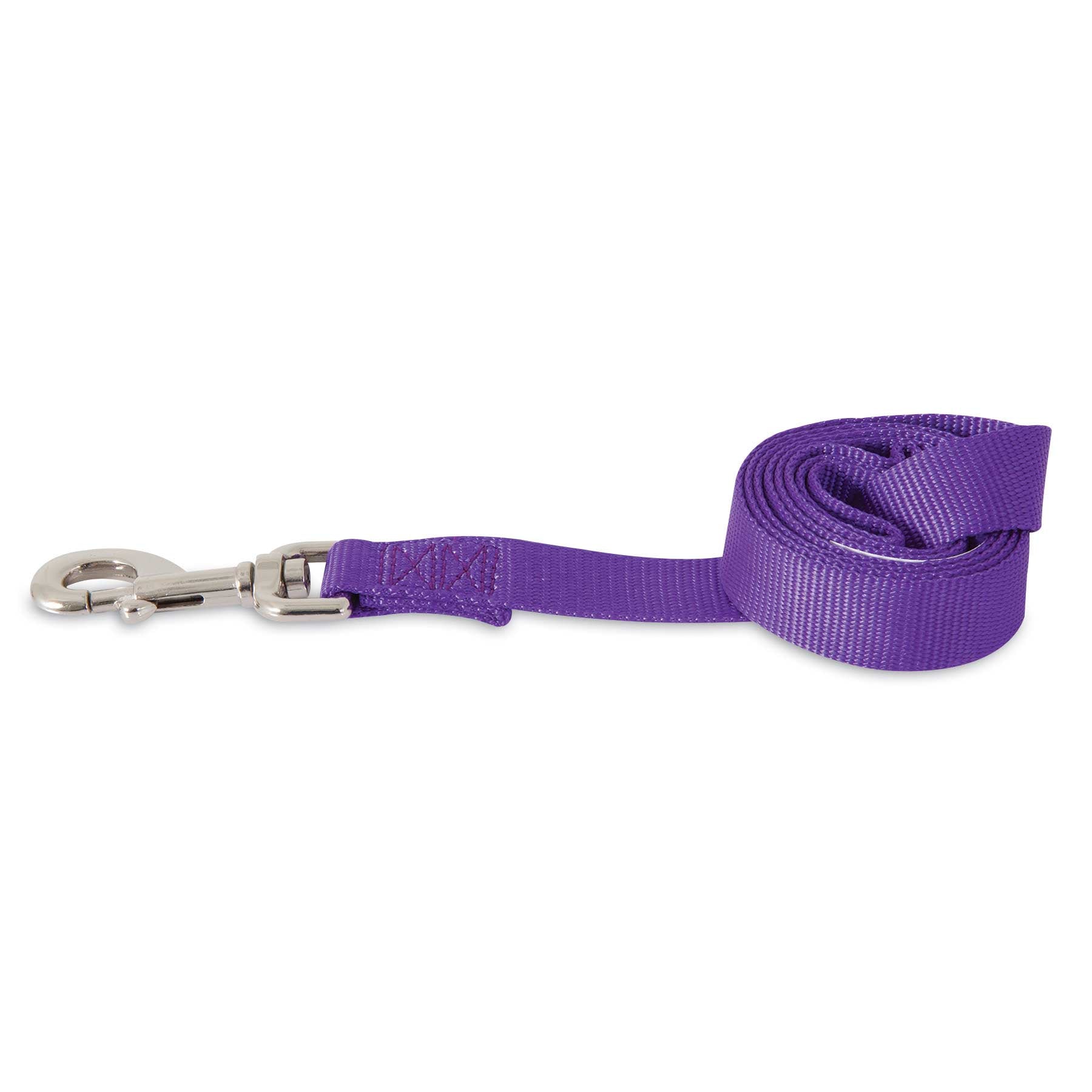 The Petmate Nylon Standard Core Dog Lead is a rolled-up, purple leash made from durable nylon fabric with reinforced stitching near the metal clasp, making it an ideal training aid for your pet.