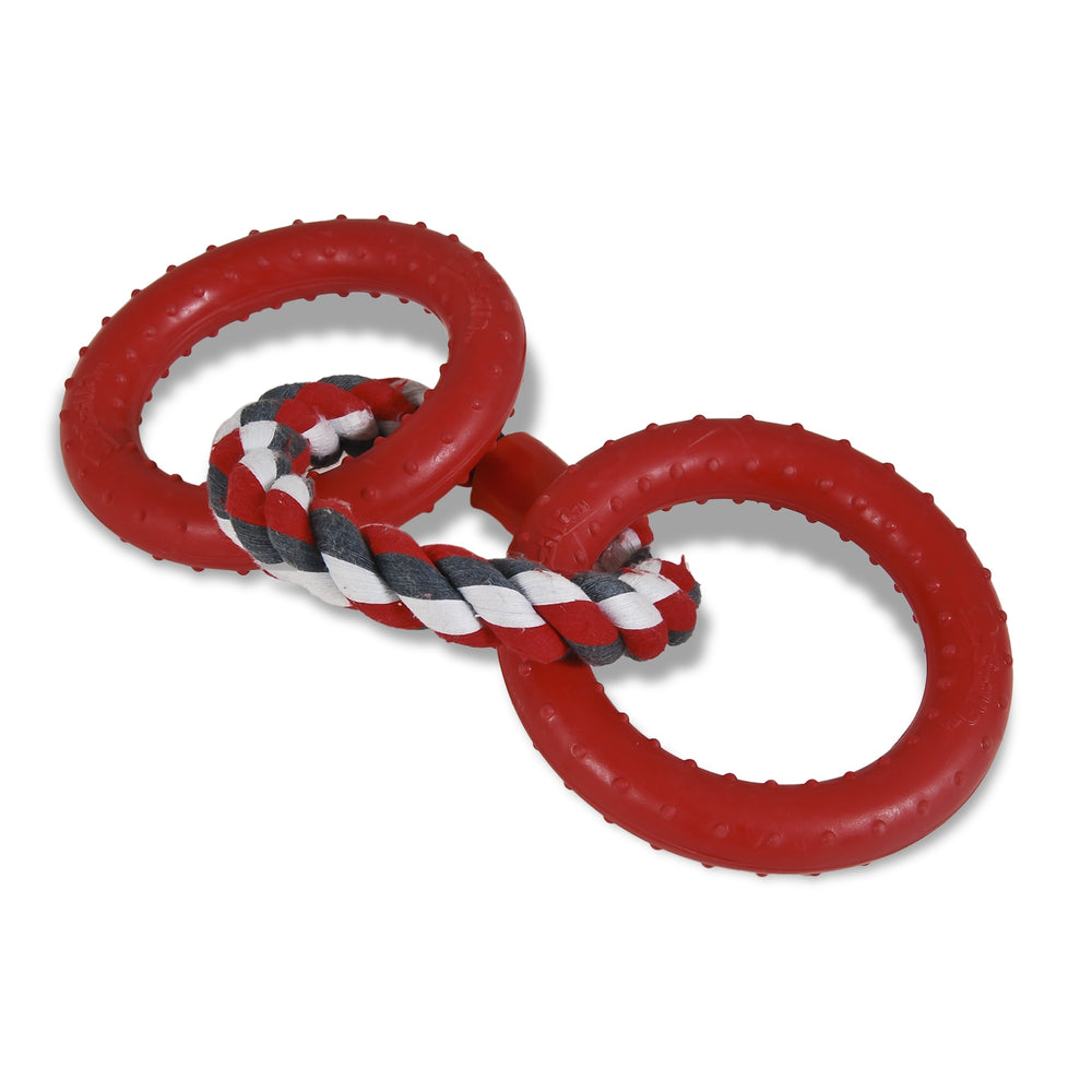 The Dogzilla Lockin Links Dog Toy boasts two red rubber rings and a twisted rope in red, white, and black for dental health. The rings textured surfaces enhance grip.