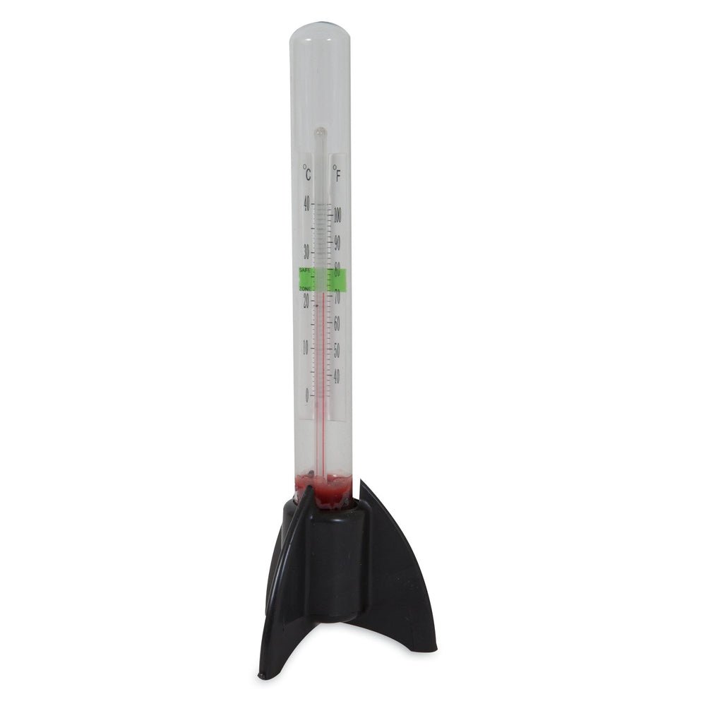 The JW Fusion Standing Aquarium Thermometer by Jw features a glass column with red liquid to display the optimal wine temperature range, supported by a sleek black triangular stand.
