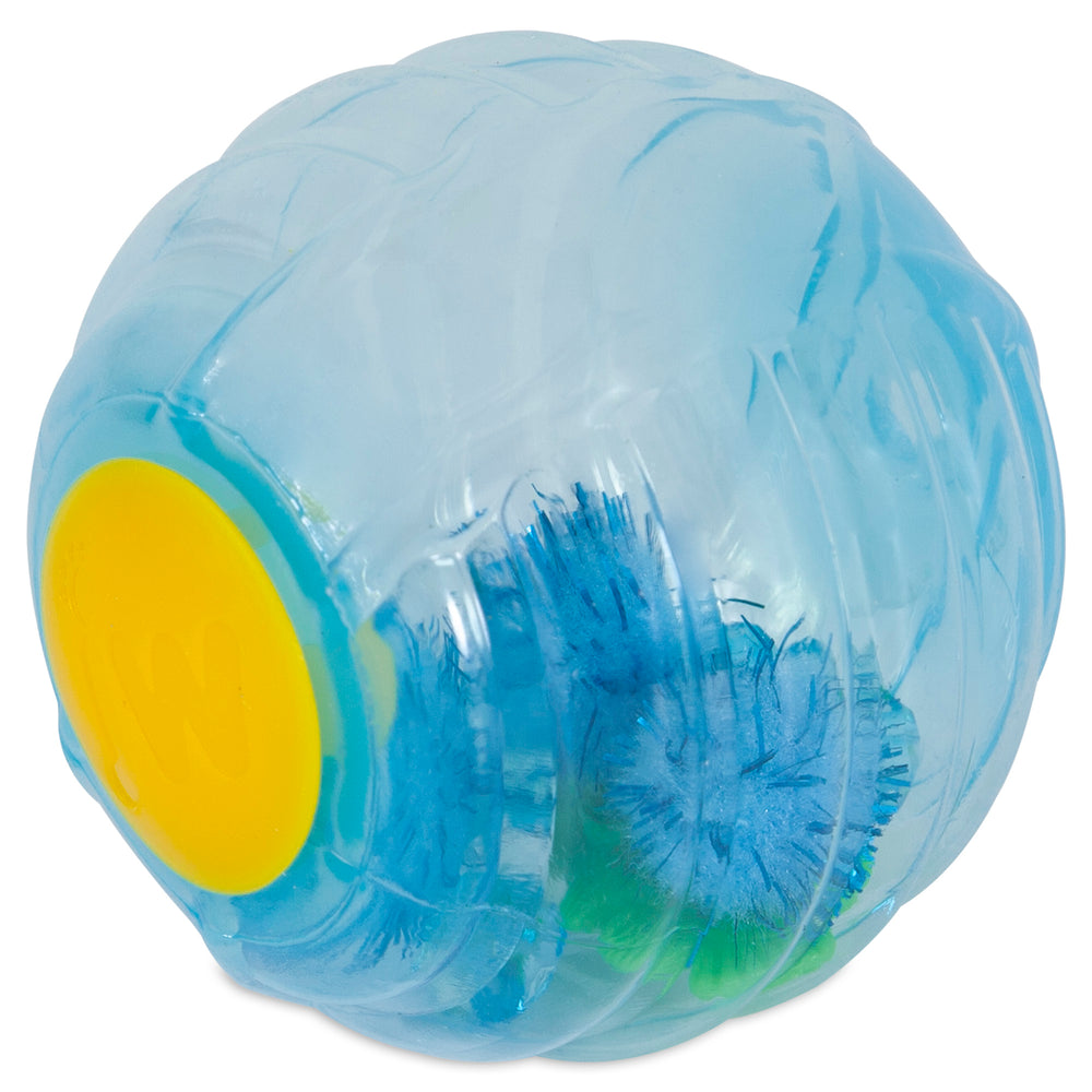 The JW Cataction Fish Ball by Jw is a transparent blue plastic cat toy featuring a yellow circular cap. It includes fluffy blue and green elements that mimic rattle beads inside. Its textured surface with ridges ensures durability, providing cats endless fun during playtime.