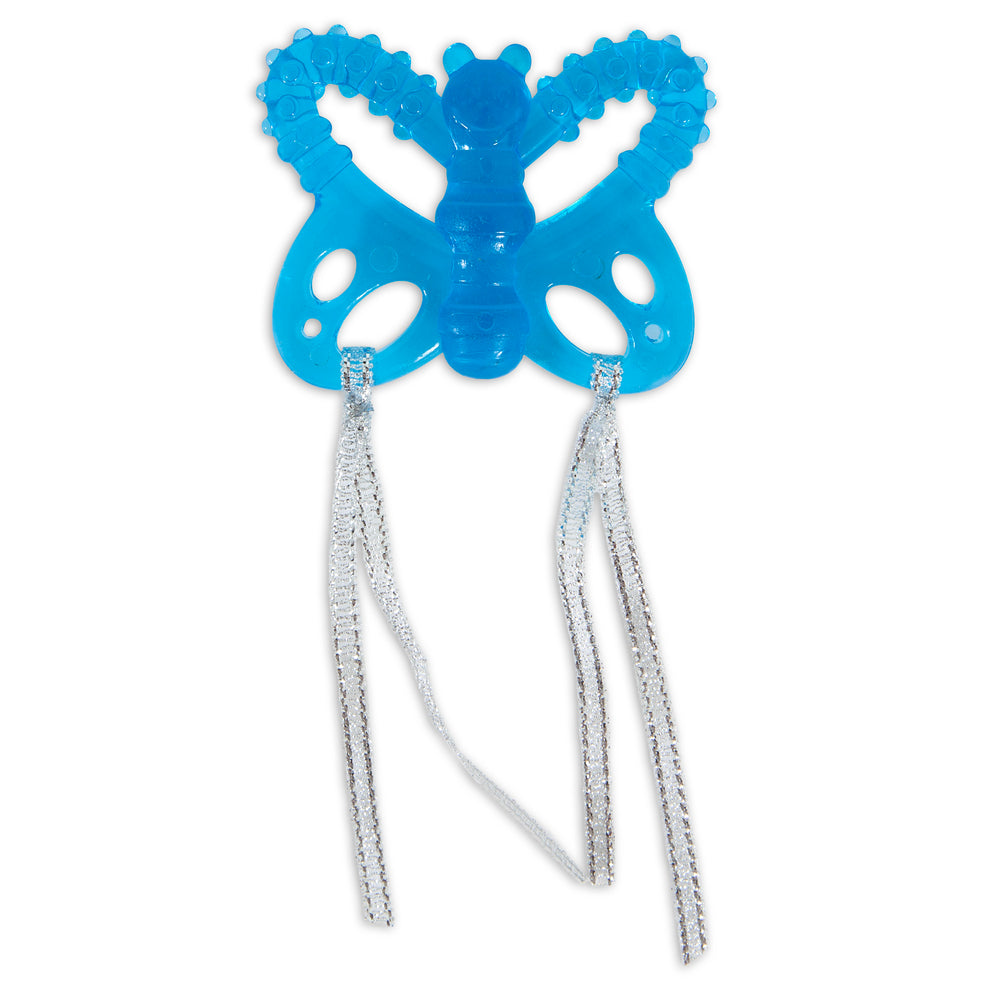 The JW Cataction Butterfly Cat Toy by Jw is a blue, butterfly-shaped toy featuring textured wings and a smooth body, along with two silver ribbons that elegantly hang for interactive fun with your cat.