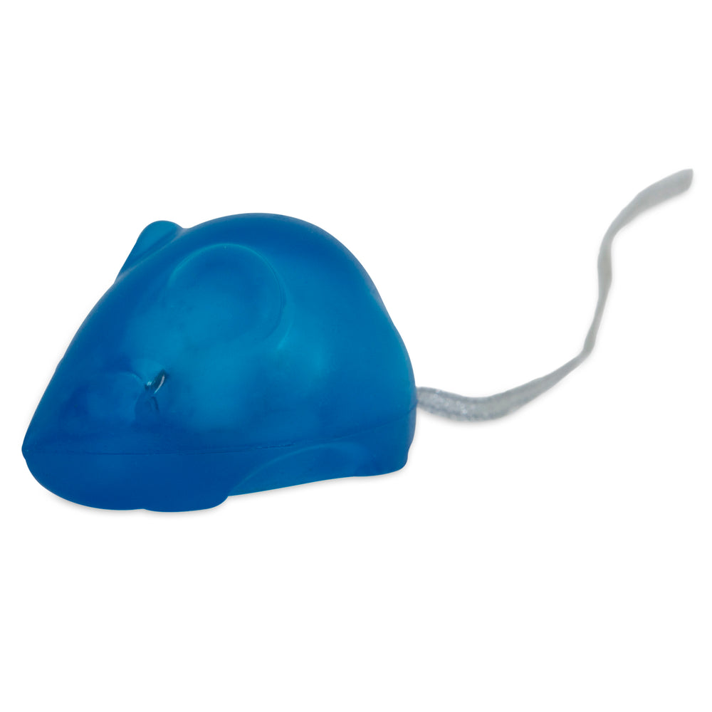 The JW Cataction Mouse w/ Rope Tail by Jw is a small blue, TPR rubber, mouse-shaped toy with a long silver tail. Featuring smooth, rounded edges and designed to stimulate play with catnip oils, it sits against a plain white background.