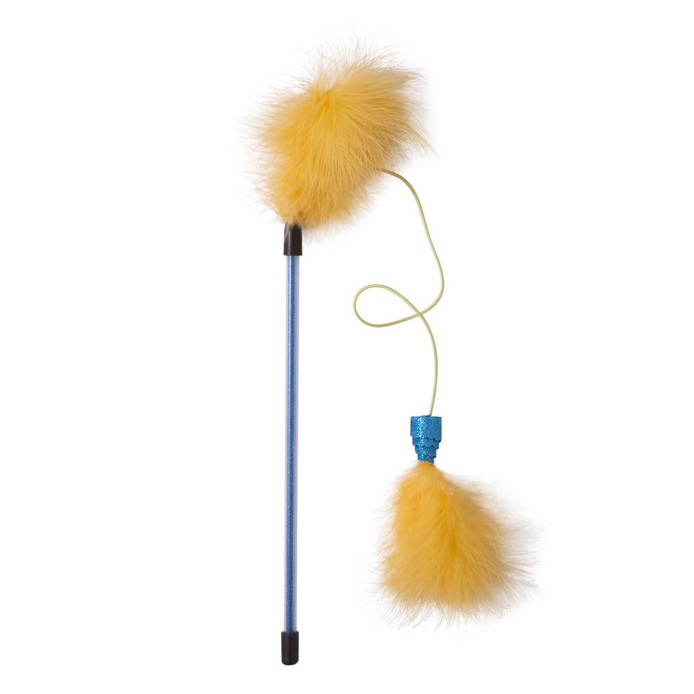 Discover endless joy with the JW Feather Wand Cat Toy by Jw, featuring a blue handle and two yellow fluffy pom-poms—one at the tip and another dangling from a blue-wrapped string. Perfect for engaging your feline friend in fun and exercise.