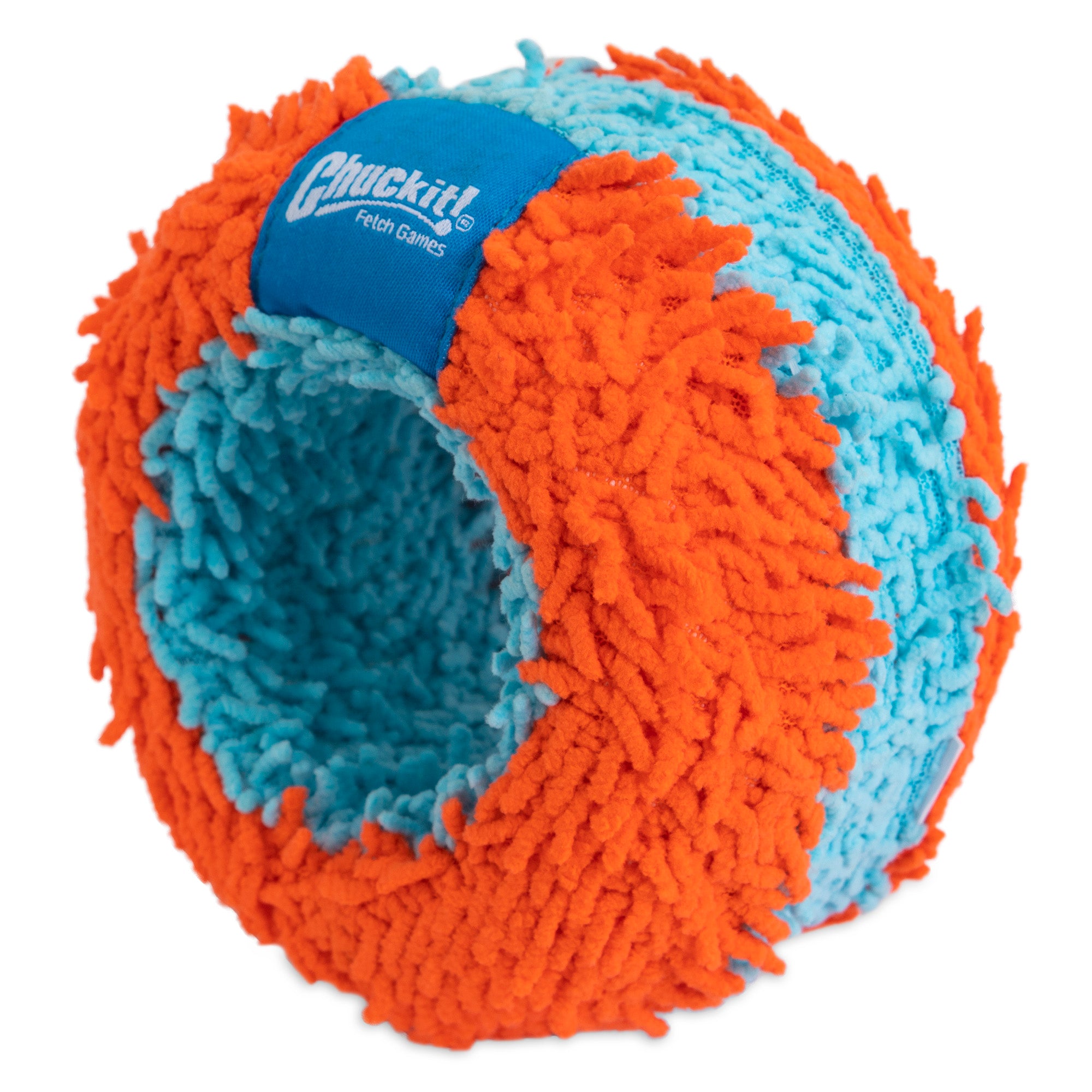 The Chuckit! Indoor Roller Dog Toy, by Chuckit, is round and fluffy with an orange and blue textured surface, featuring the Chuckit! Fetch Games label on the blue section. Ideal for indoor play, it uses Bounceflex Core Technology for safer, more engaging fun.