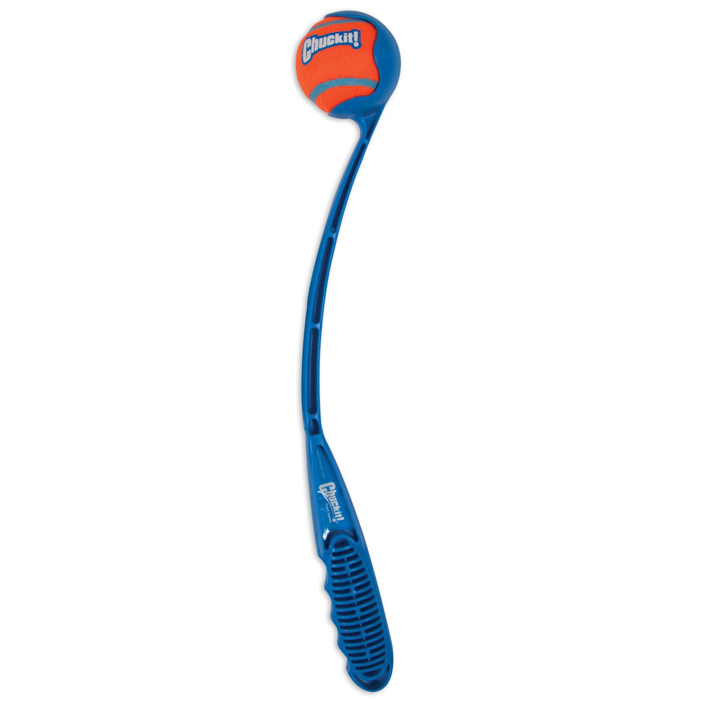 The Chuckit! Junior 18M Dog Ball Launcher by Chuckit has a curved handle with a solid grip, perfect for throwing tennis balls during fetch. It securely holds an orange and blue Chuckit! Tennis Ball, making it an ideal fetch toy for energetic pups.