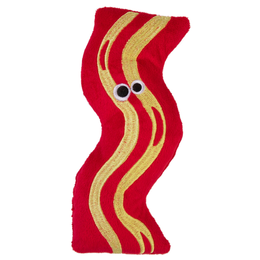 The Mad Cat Bacon Kicker with Catnip & Silvervine is a plush toy shaped like bacon, featuring wavy red sides, yellow stripes, and googly eyes. It effectively entices cats when infused with catnip or silvervine.