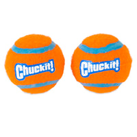 Two bright orange Chuckit! Tennis Balls for Dogs feature blue stripes and Chuckit! in white. Crafted from durable material, these high-bouncing balls sit side by side on a plain white background.