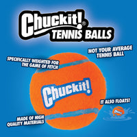 The Chuckit! Tennis Balls for Dogs by Chuckit, set against a blue backdrop, are high-bouncing and durable. Specifically weighted for fetch, these balls float and outshine typical tennis balls. Built from high-quality materials, they promise endless fun with your furry friend.