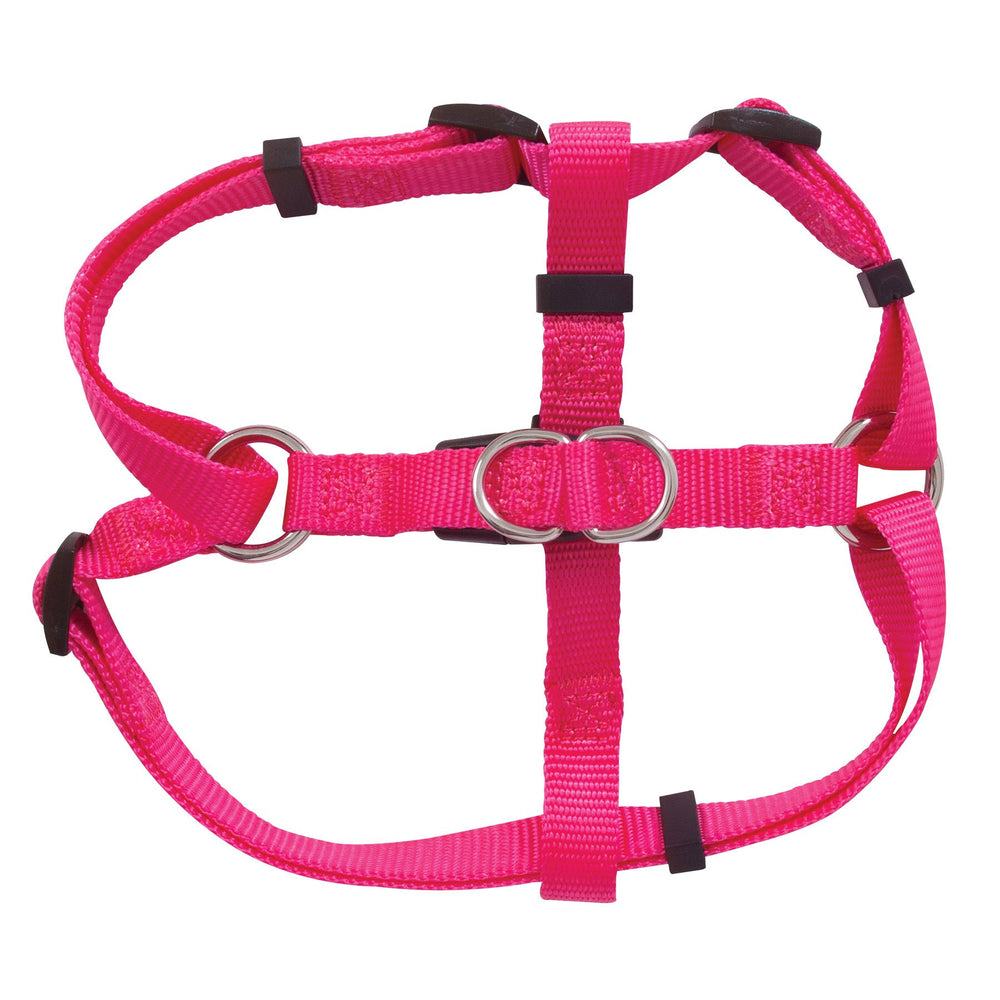 The Petmate Adjustable Standard Step-In Core Harness by Petmate is a bright pink dog harness featuring adjustable straps, metal rings for secure leading, and black plastic buckles for quick and reliable fastening.