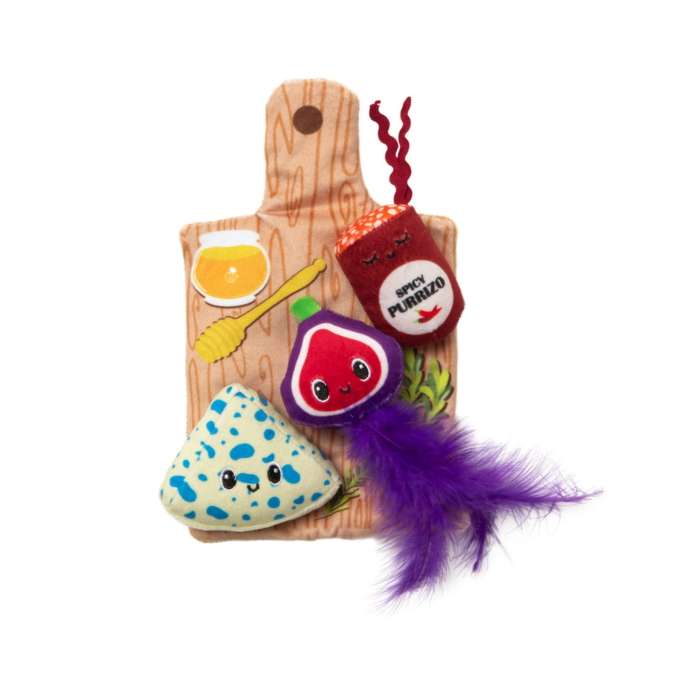 Introducing the Quirky Kitty Charcuterie Board Play Mat: a plush toy set featuring a cutting board, jar of honey, honey dipper, anthropomorphic cheese wedge, a catnip-infused fig with googly eyes, and a purple feather for endless feline fun!.