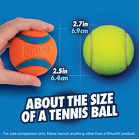 A hand holds a Chuckit! Ultra Ball Dog Toy, an orange sphere with blue stripes, and 2.5 inches (6.4 cm) in diameter, known for its high bounce and durability. Beside it is a yellow-green tennis ball labeled 2.7 inches (6.9 cm). Text reads About the size of a tennis ball over a blue gradient background.