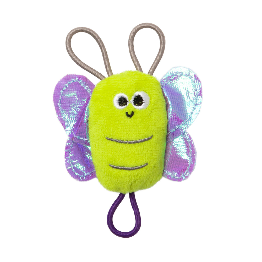 The Mad Cat Sling Shot Critter Butterfly Catnip Plush Toy has a fuzzy bright green body, shimmery purple wings, and a cheerful face. With beige antenna loops and a purple bottom loop, its the perfect playful plush toy infused with catnip for your furry friend.