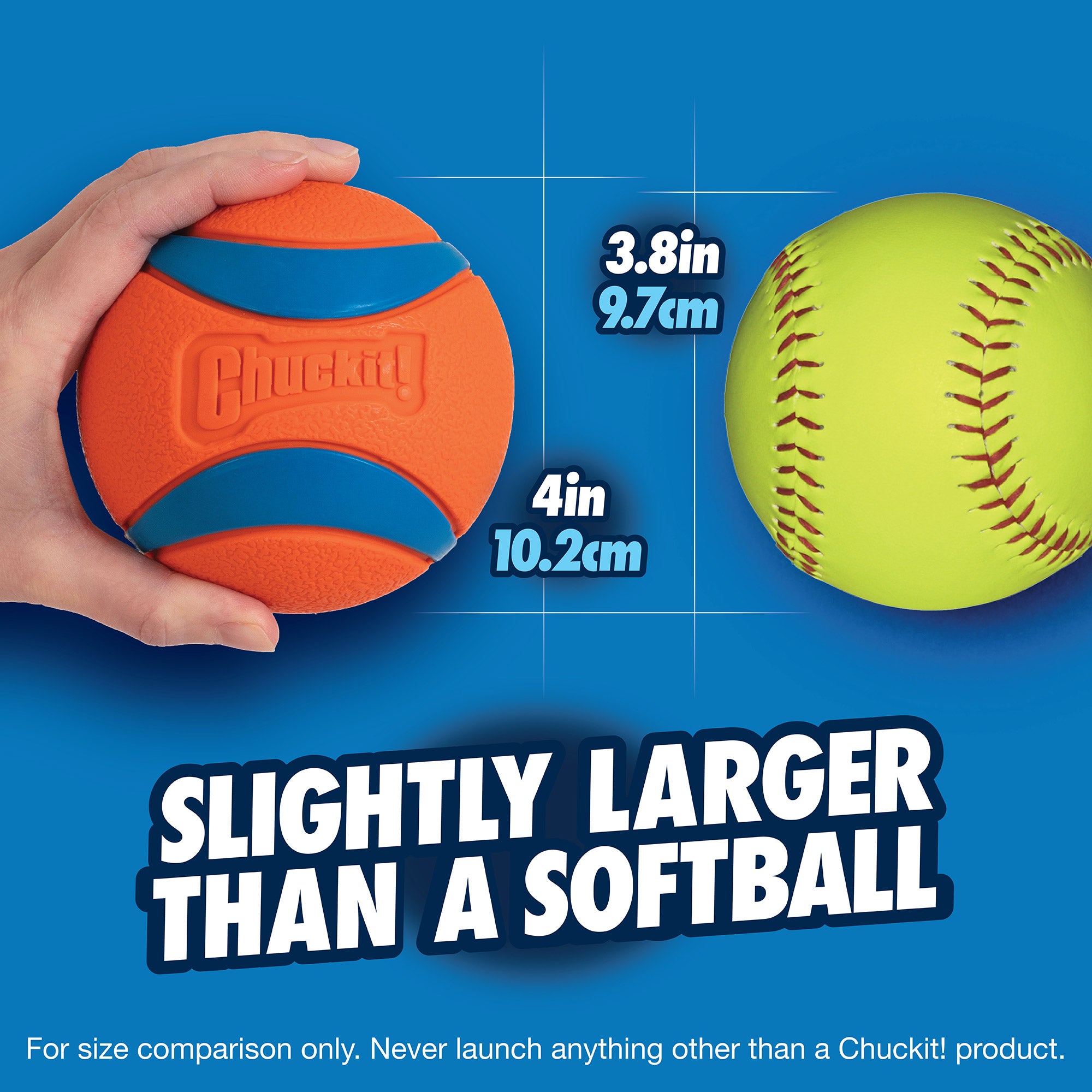 A hand holds the Chuckit! Ultra Ball, an orange and blue ball labeled Chuckit, next to a fluorescent yellow softball. Text below reads, Slightly larger than a softball. Known for its high bounce and durability, it measures 4 inches/10.2 cm compared to the 3.8 inches/9.7 cm of the softball.