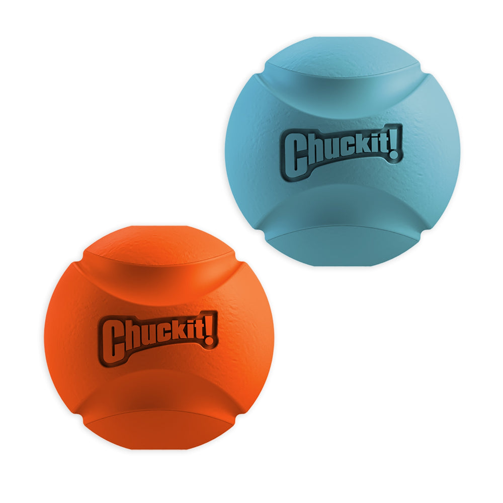 The Chuckit! Fetch Ball Dog Toys are textured rubber balls in orange and blue, each featuring the Chuckit brand. With indented grooves for grip and a high bounce, theyre designed for dogs and compatible with Chuckit Launchers for endless fun.