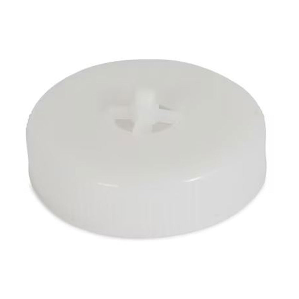 A flat-topped, white plastic bottle cap with a central protrusion resembling the sleek design of an Aspen Pet Waterer can be seen against a plain white background. Its the Replacement Cap for Large Gravity Waterers by Petmate.