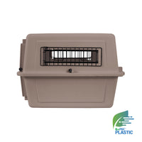 The Petmate Traveler - Ultra Vari Kennel by Petmate is a beige plastic pet carrier with a black metal front window, shown on a white background. The EcoTEC Plastic logo is in the bottom right, highlighting its sustainable, travel-ready design.