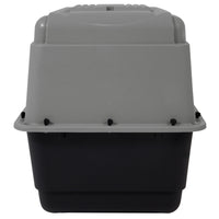 The Aspen Pet Petmate All Purpose Aspen Pet Porter is a gray and black plastic litter box with a detachable lid, secured by black clips, that also functions as a pet carrier for added comfort during air travel.