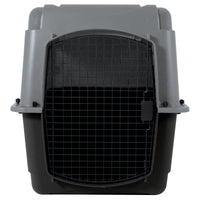 The Aspen Pet Petmate All Purpose Pet Porter is a large, hard-sided gray and black carrier with a secure metal wire door. Designed to meet air travel requirements, it ensures your pet’s safety and comfort during transport.