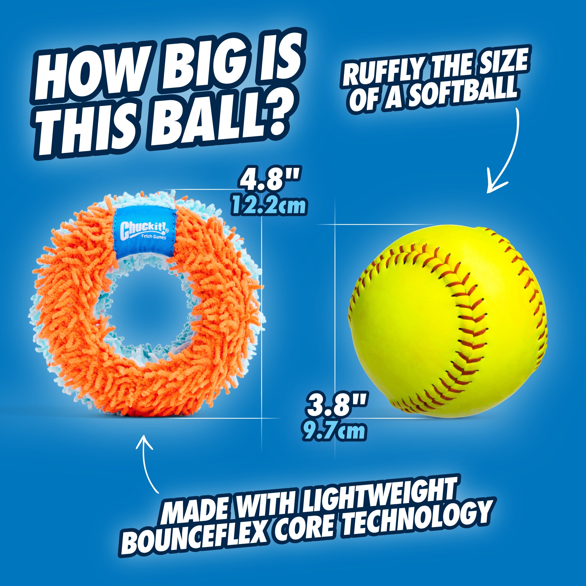 An image compares the fluffy orange Chuckit Indoor Roller Dog Toy, 4.8 inches in diameter, with a yellow softball. Both toys are perfect for indoor play and feature BounceFlex Core technology from Chuckit, ensuring endless fun at home.