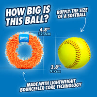 An image compares the fluffy orange Chuckit Indoor Roller Dog Toy, 4.8 inches in diameter, with a yellow softball. Both toys are perfect for indoor play and feature BounceFlex Core technology from Chuckit, ensuring endless fun at home.