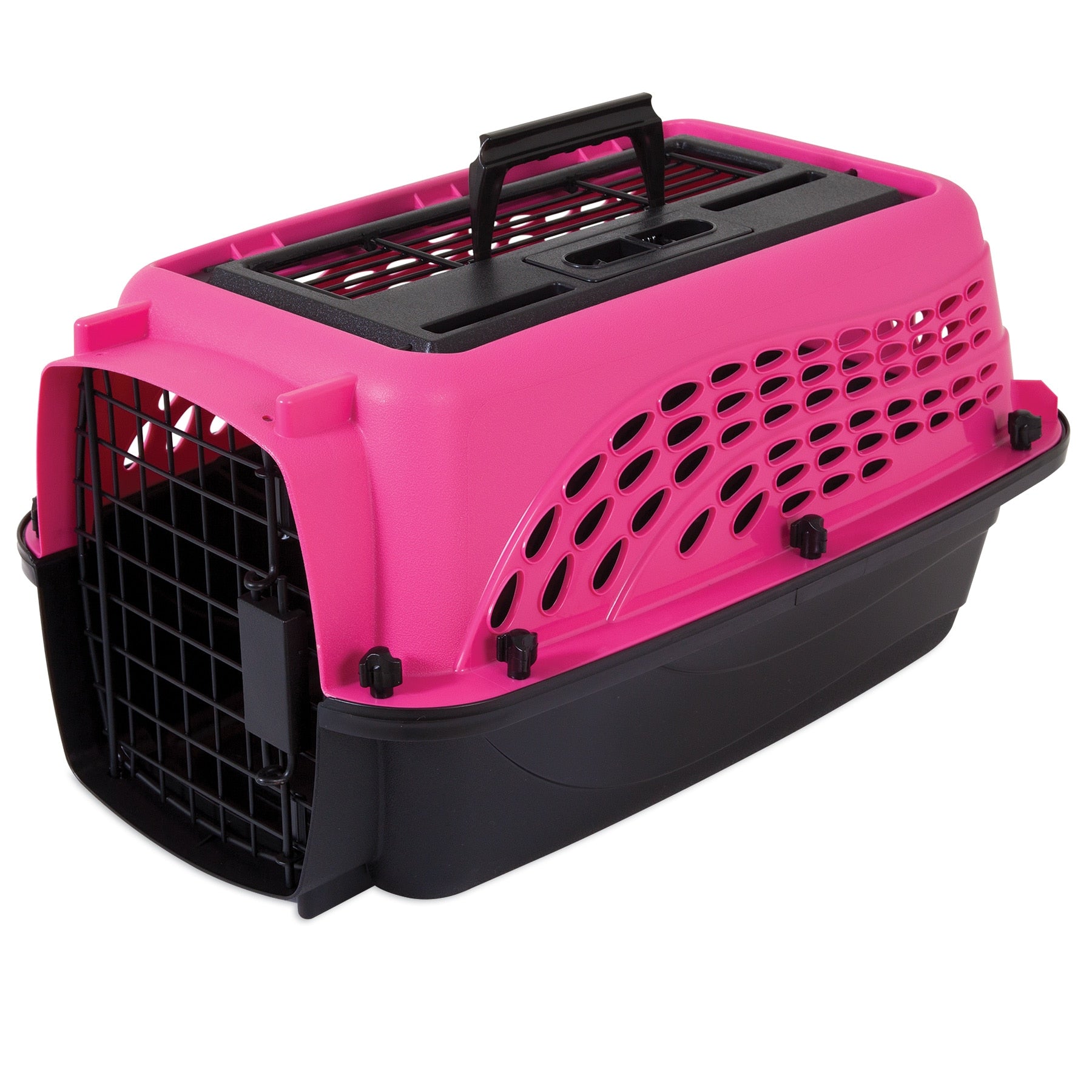 The pink and black Petmate E-Z Load Two Door Dog & Cat Kennel features EcoTEC Plastic, a metal front door, side ventilation holes, and a top handle for easy carrying.