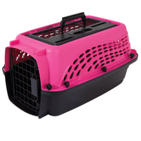The pink and black Petmate E-Z Load Two Door Dog & Cat Kennel features EcoTEC Plastic, a metal front door, side ventilation holes, and a top handle for easy carrying.