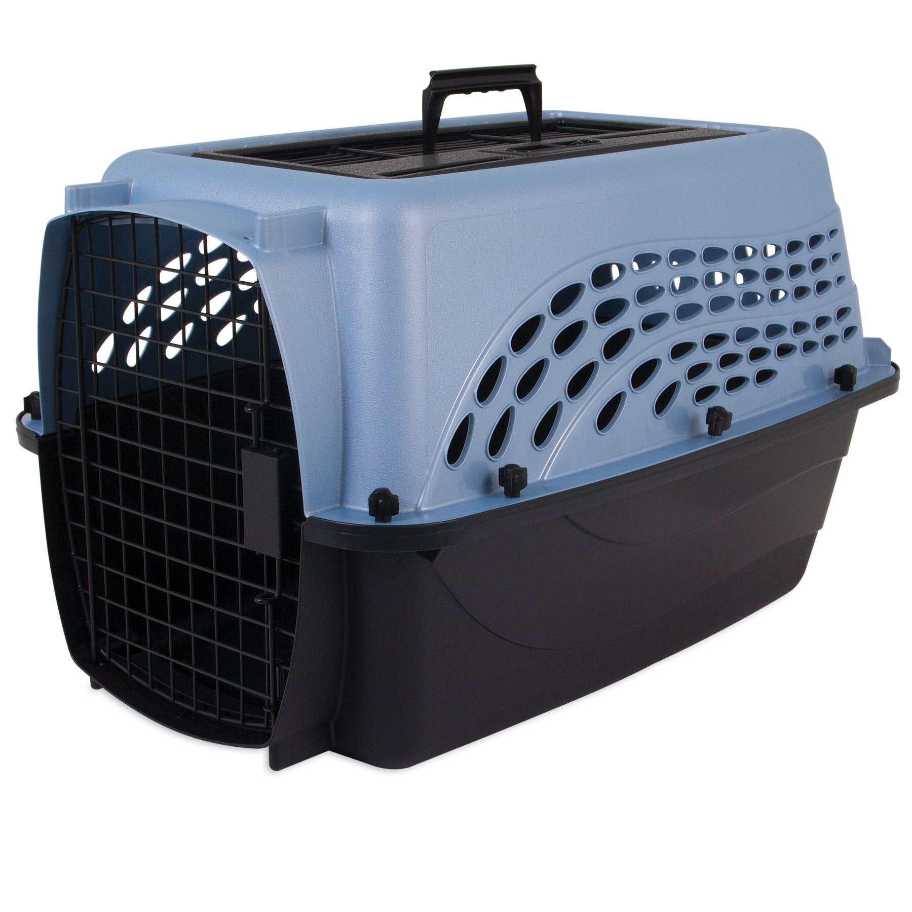 The Petmate E-Z Load Two Door Dog & Cat Kennel features a blue and black design, metal front door, top handle, side ventilation holes, and is made from EcoTEC Plastic. The open door showcases its spacious interior.