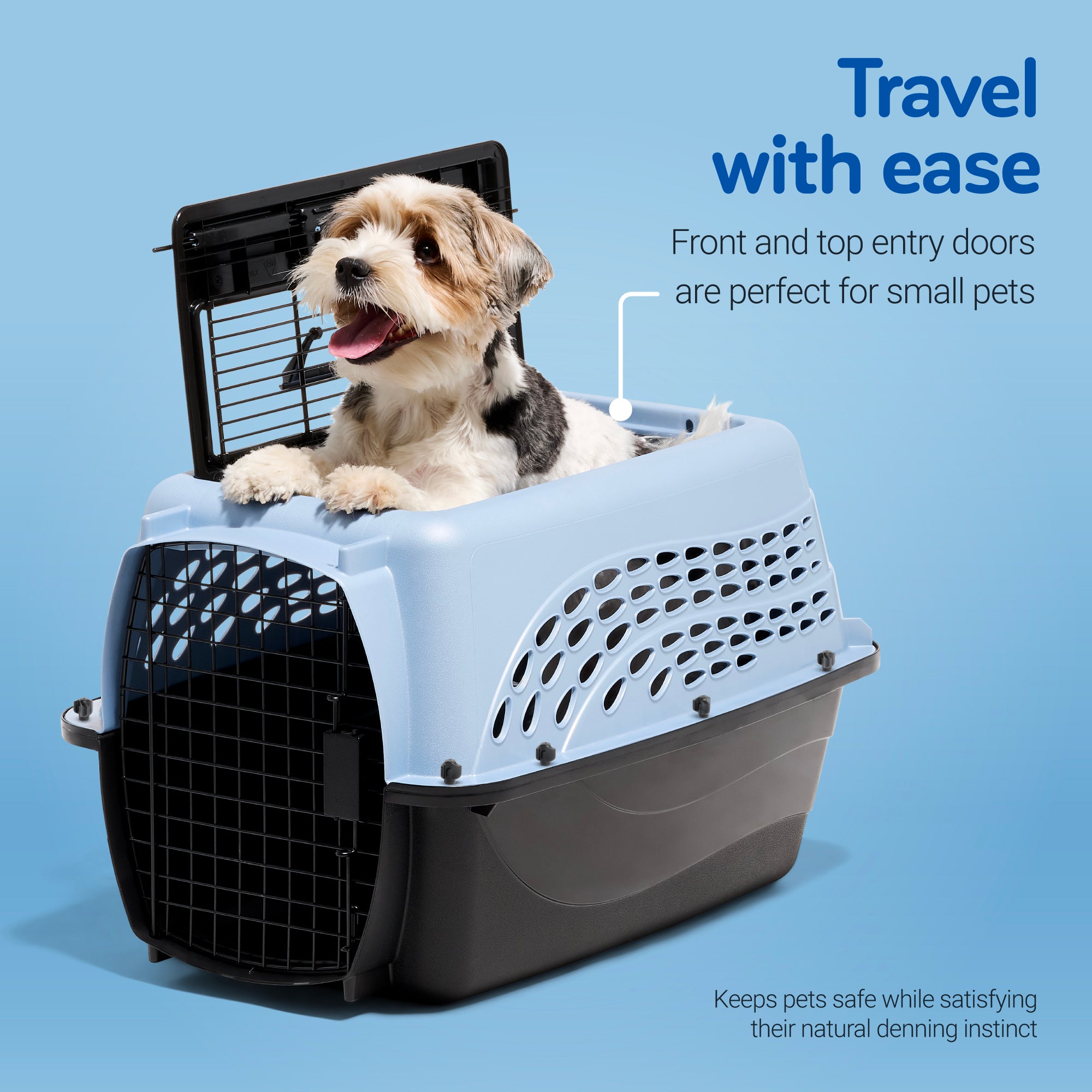 A small, happy dog sits in a blue and black Petmate E-Z Load Two Door Dog & Cat Kennel. Travel with ease—front and top entry doors are ideal for small pets. Mesh sides and a secure design keep your pet comfortable and safe.