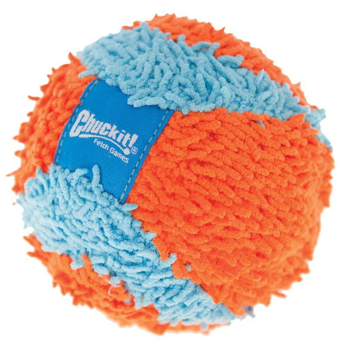 The Chuckit! Indoor Ball, by Chuckit, is a fluffy dog toy featuring a blue and orange checkered design. Perfect for indoor play, it has a soft texture with the Fetch Games logo on the blue section and is compatible with the Chuckit! Launcher for extra fun.