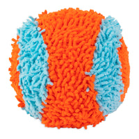 The Chuckit! Indoor Ball from Chuckit features orange and light blue textured stripes, like a fluffy pom-pom, perfect for indoor or outdoor use with the Chuckit! Launcher for endless fun.