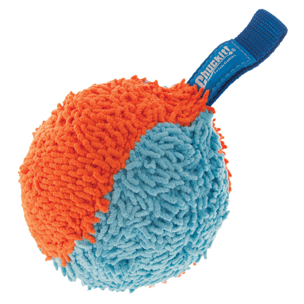 The Chuckit! Indoor Shaker is a textured ball with Bounceflex Core Technology, vibrant orange and blue halves, and a blue fabric handle featuring the Chuckit brand tag.