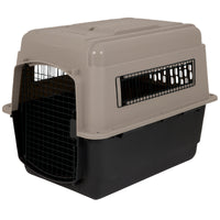 The Petmate Traveler - Ultra Vari Kennel by Petmate features a black base, tan top, metal wire front door, and side ventilation panels for safe and durable pet transport.