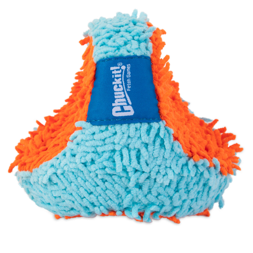 The Chuckit! Indoor Fetch Tumbler Toy for Dogs is a fuzzy, orange and blue pyramid-shaped toy with Bounceflex Core Technology for better play. Its blue center displays Chuckit! and is perfect for indoor fetch, providing interactive fun to encourage dogs to play.