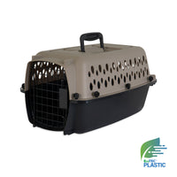 The Petmate All Purpose Kennel - Vari by Petmate is a beige and black pet carrier with a handle, ventilation holes, metal door, and EcoTEC Plastic logo—perfect for housebreaking or meeting airline travel requirements.