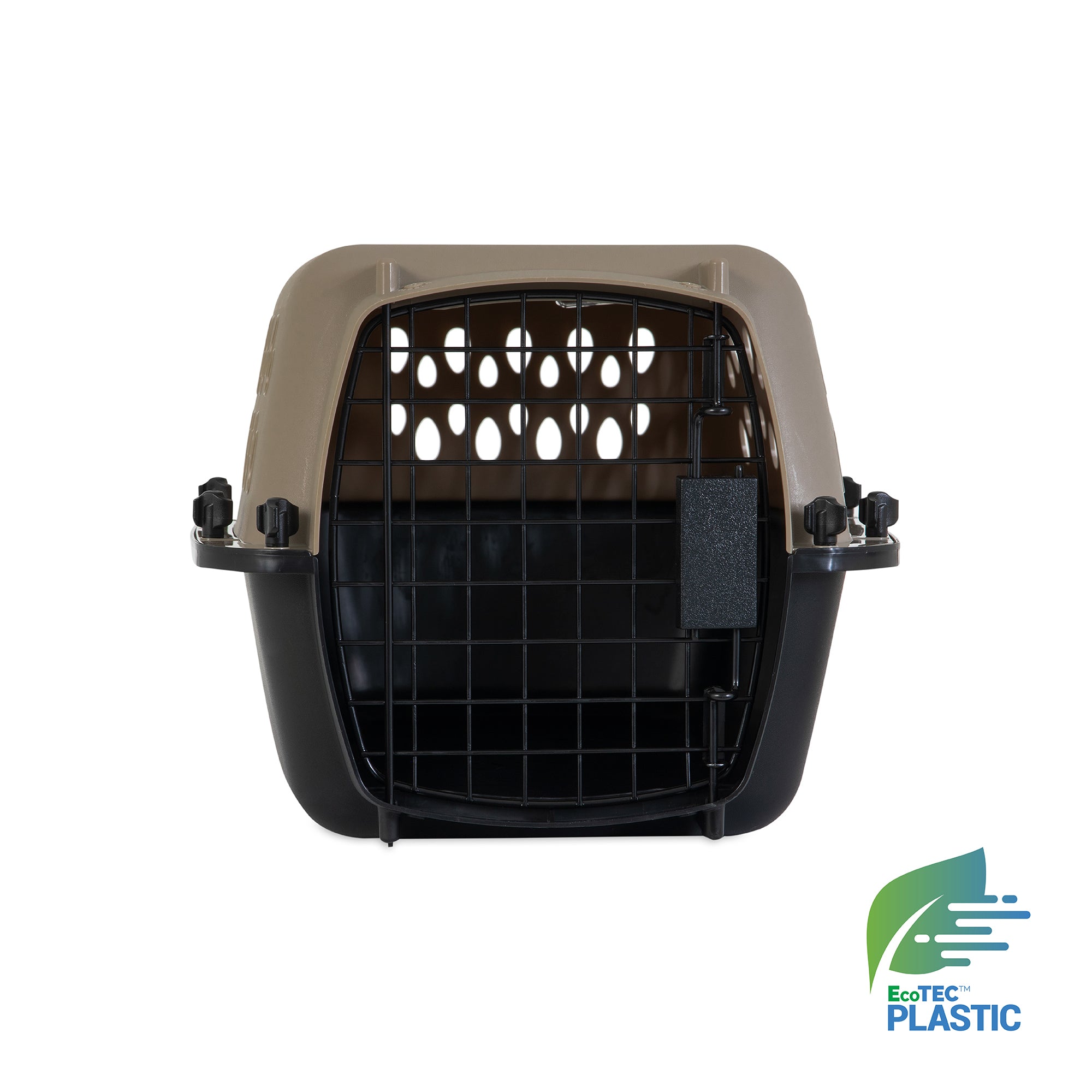 The Petmate All Purpose Kennel - Vari is a beige and black pet carrier with a metal grid door, shown from the front. The EcoTEC Plastic logo appears in the lower right. Its design and features meet many air travel requirements.