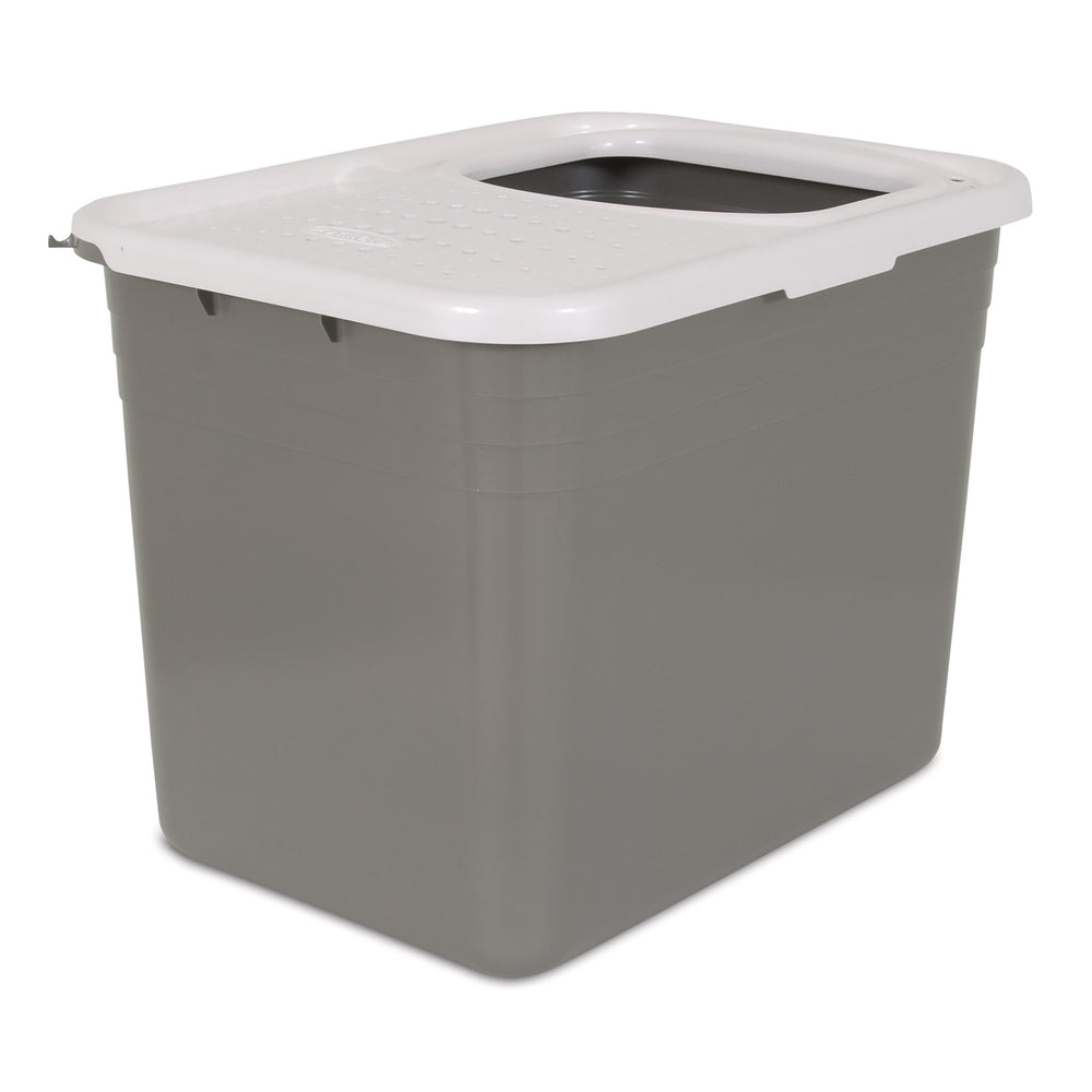 The Petmate Top Entry Litter Box features a gray plastic rectangular shape with a square opening cut into its non-slip white lid. This eco-friendly item, set against a white background, serves as an adaptable litter box.