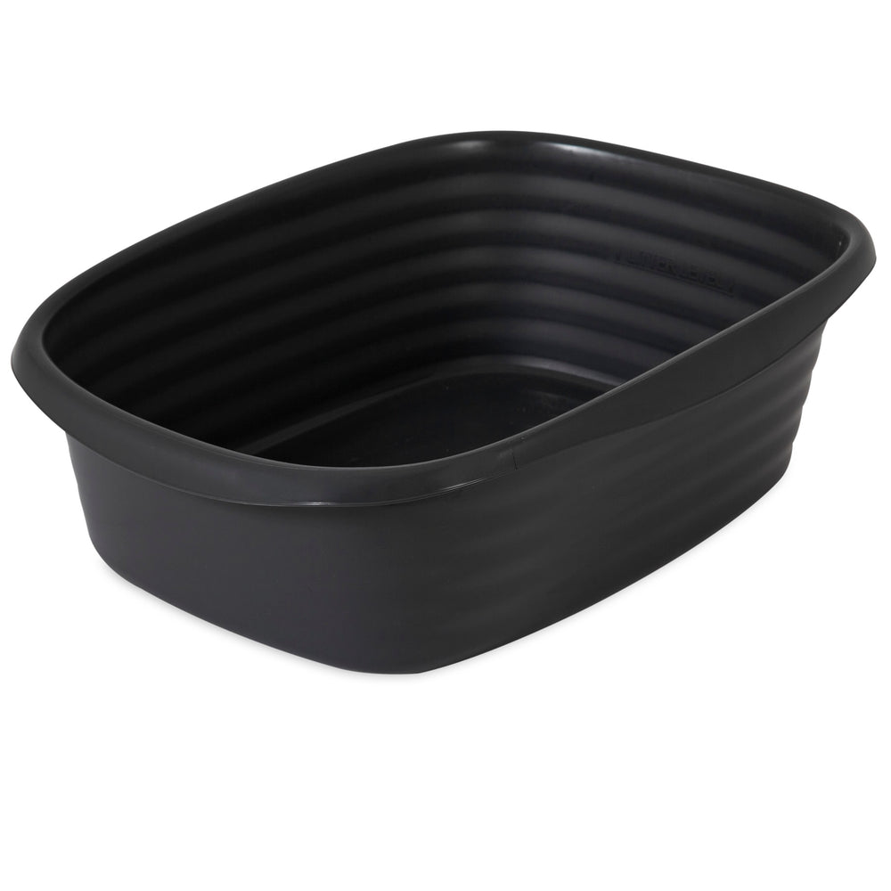 The Arm & Hammer SimplyRecycled Wave Litter Box is a large, rectangular black wash basin made from recycled plastic. It has ribbed sides, a smooth interior, rounded edges, and a flat bottom, making it ideal for sustainable water or materials storage.