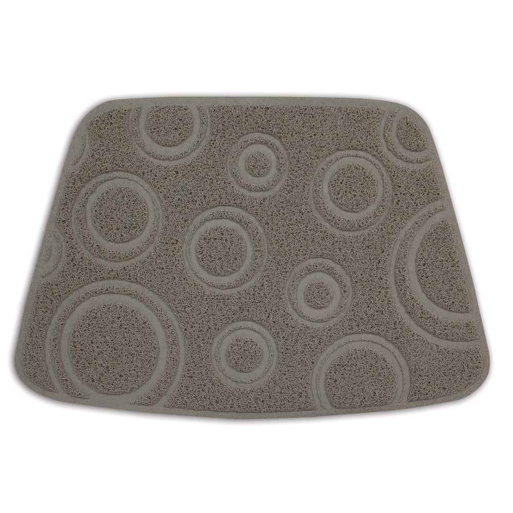 The Petmate Litter Mat Circles Design by Petmate is a light gray rectangular mat with rounded corners and features a stylish webbed pattern of overlapping circles. Made from rubberized material, it combines practicality with its textured surface, making it an ideal litter mat.