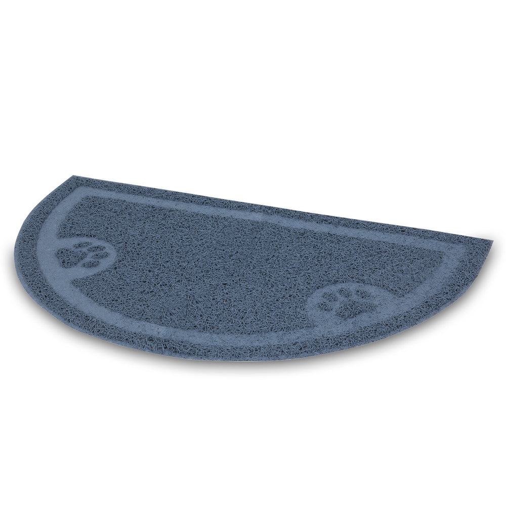 The Petmate Litter Catcher Mat 1/2 Circle, by Petmate, is a semi-circular blue mat with a textured surface and two small paw prints near the curve, made of rubberized material thats perfect for minimizing litter scatter.