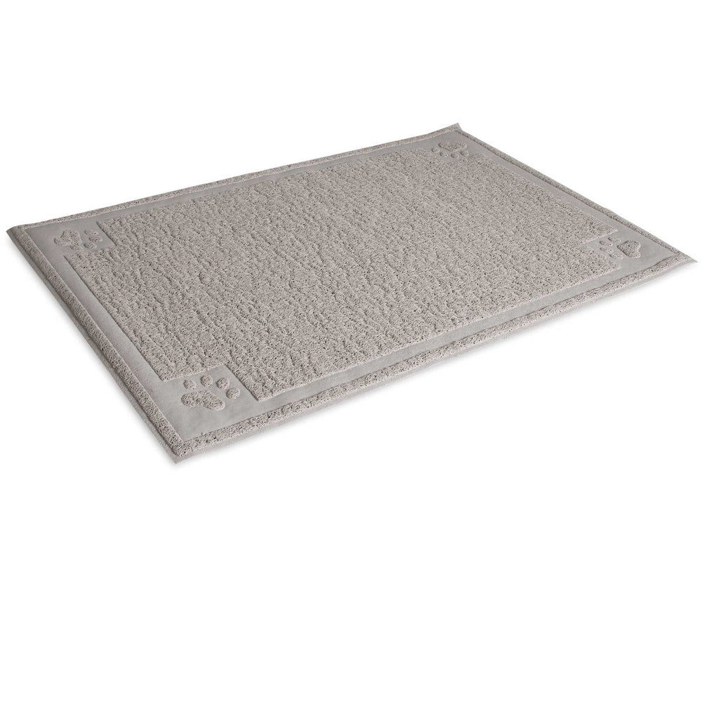 The Petmate Paws Large Litter Catcher Mat in tan features a rectangular design in soft, rubberized material with a textured surface and embossed paw prints at the corners. Its BPA and phthalate-free, has a simple border design, and is perfect for pet-friendly homes.