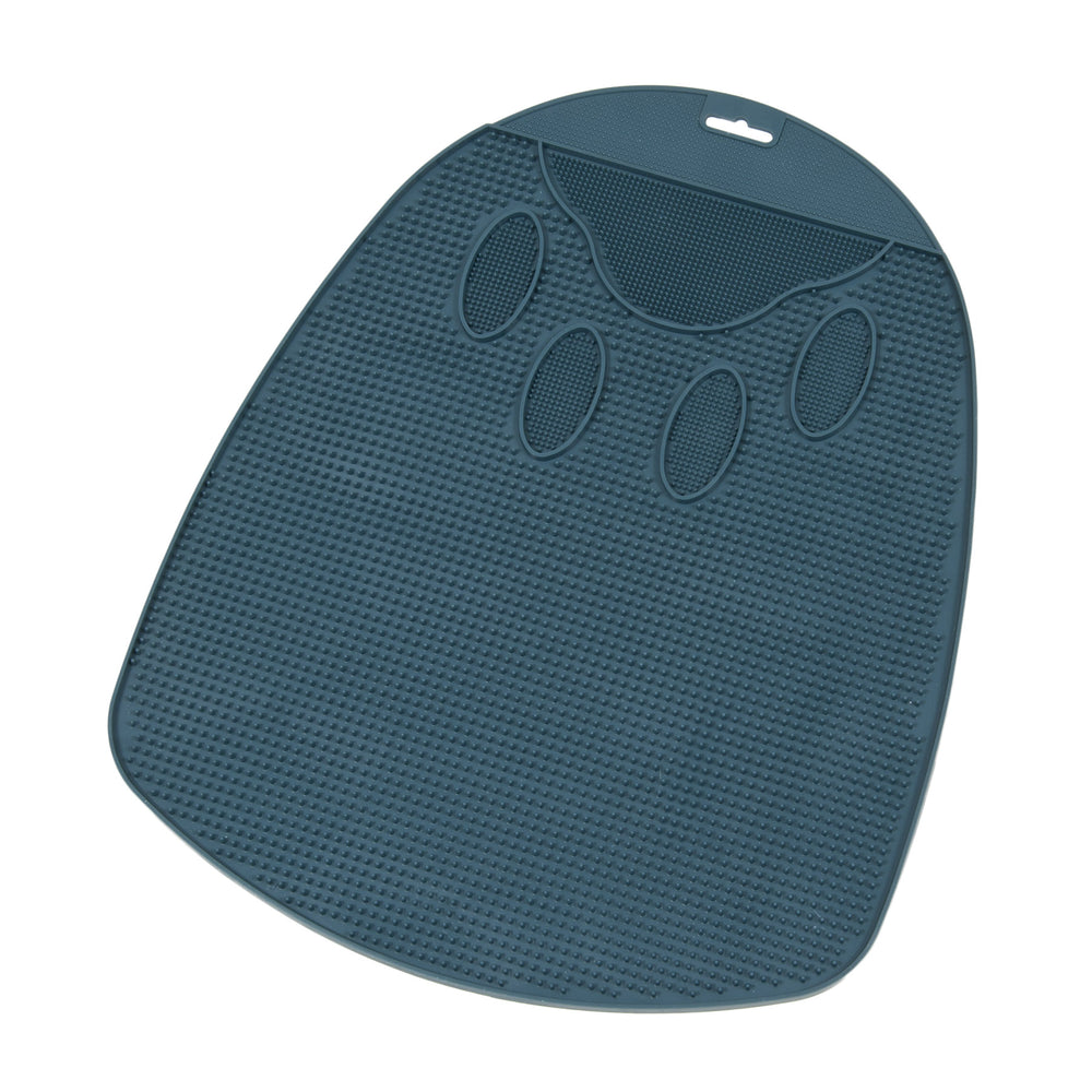 The Petmate Flexible Litter Mat from Petmate is a dark green, silicone pet grooming mat. It has a textured surface with four raised ovals resembling a paw print and includes a top hole for hanging, designed to minimize litter scatter.