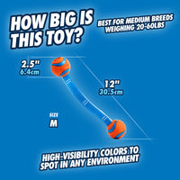The Chuckit Ultra Duo Tug Dog Toy by Chuckit is a durable fetch toy with two orange balls connected by a blue band, measuring 12 inches long and 2.5 inches in diameter, great for medium breeds (20-60 lbs) with high-visibility colors, showcased against a blue background.