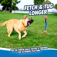 A tan dog with a red collar leaps joyfully on a grassy field, aiming mid-air for the durable fetch toy—Chuckit Ultra Duo Tug. The text reads, Fetch & Tug Longer: Throw or tug balls faster and further for extended playtime.