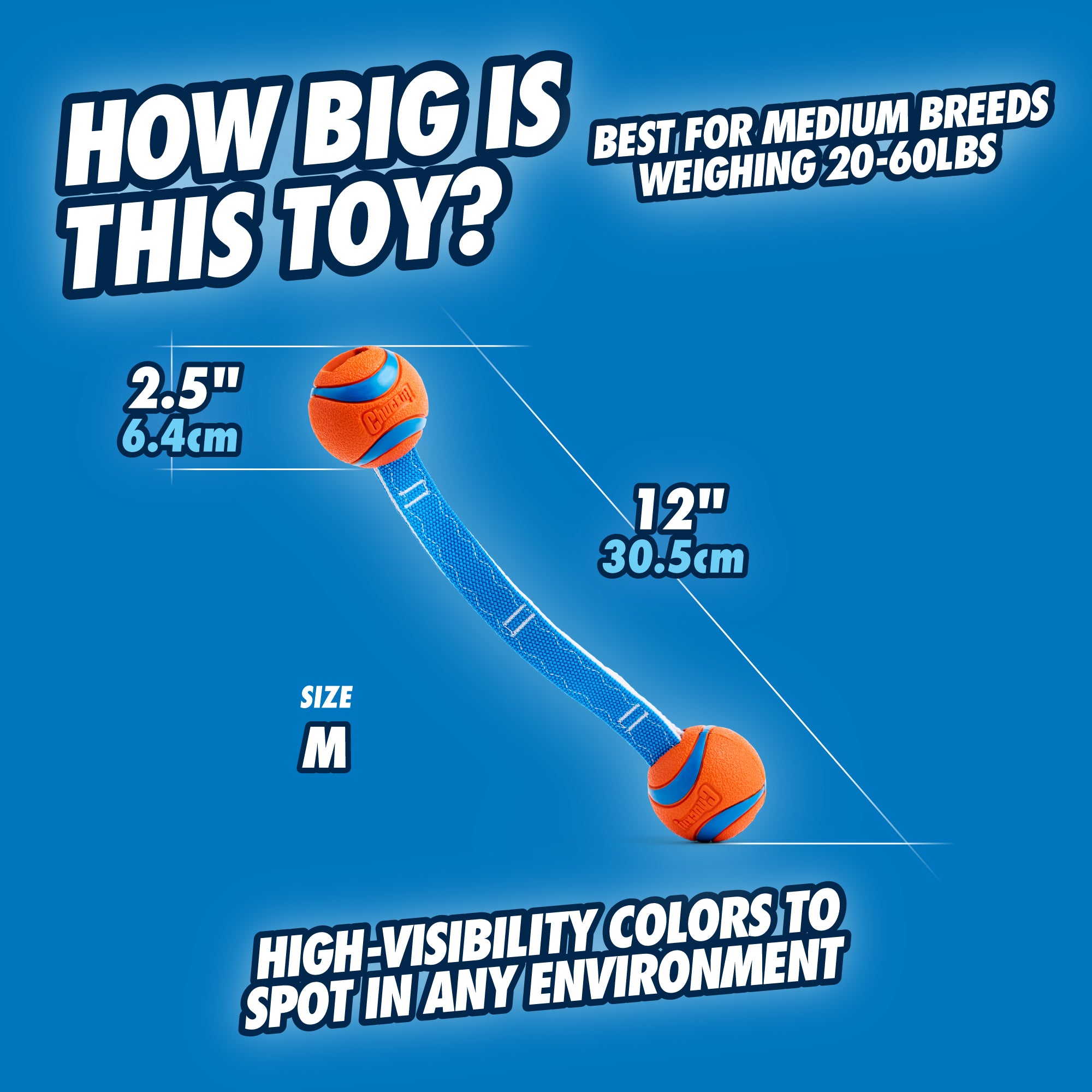 The Chuckit Ultra Duo Tug Dog Toy by Chuckit is a durable fetch toy with two orange balls connected by a blue band, measuring 12 inches long and 2.5 inches in diameter, great for medium breeds (20-60 lbs) with high-visibility colors, showcased against a blue background.