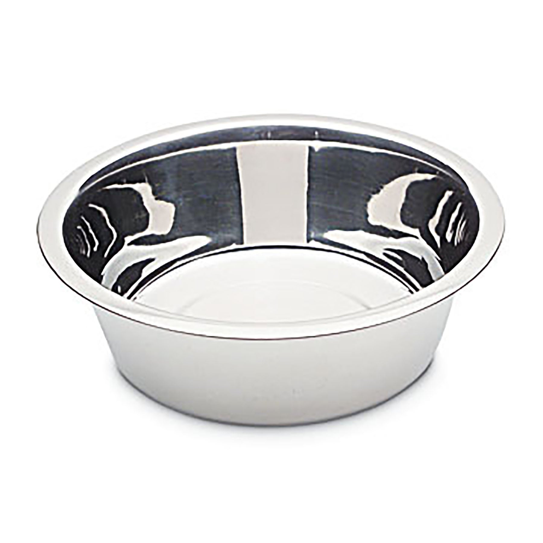 The Petmate Stainless Steel Bowl by Petmate is hygienic and rust-resistant, featuring a smooth, reflective surface with a wide rim and shallow depth. Its polished look stands out against a plain white background.