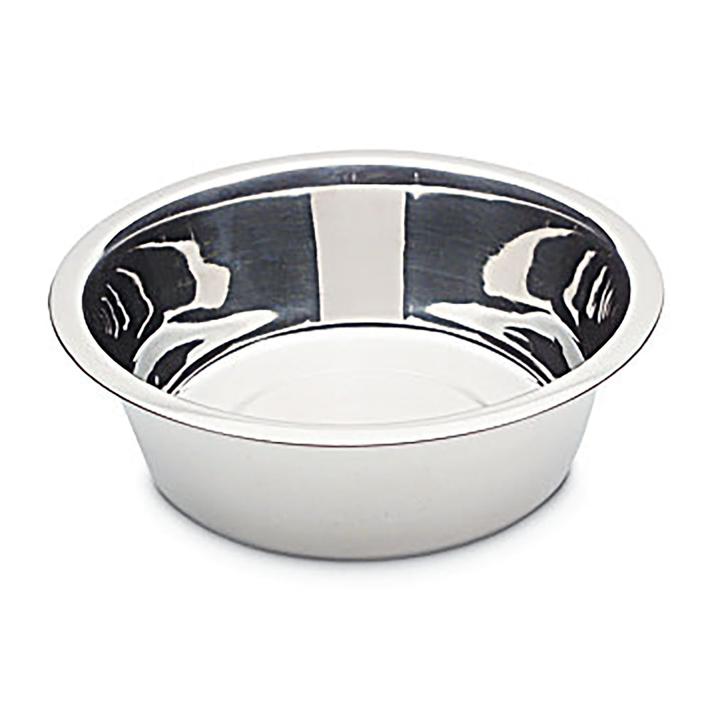 The Petmate Stainless Steel Bowl by Petmate is hygienic and rust-resistant, featuring a smooth, reflective surface with a wide rim and shallow depth. Its polished look stands out against a plain white background.