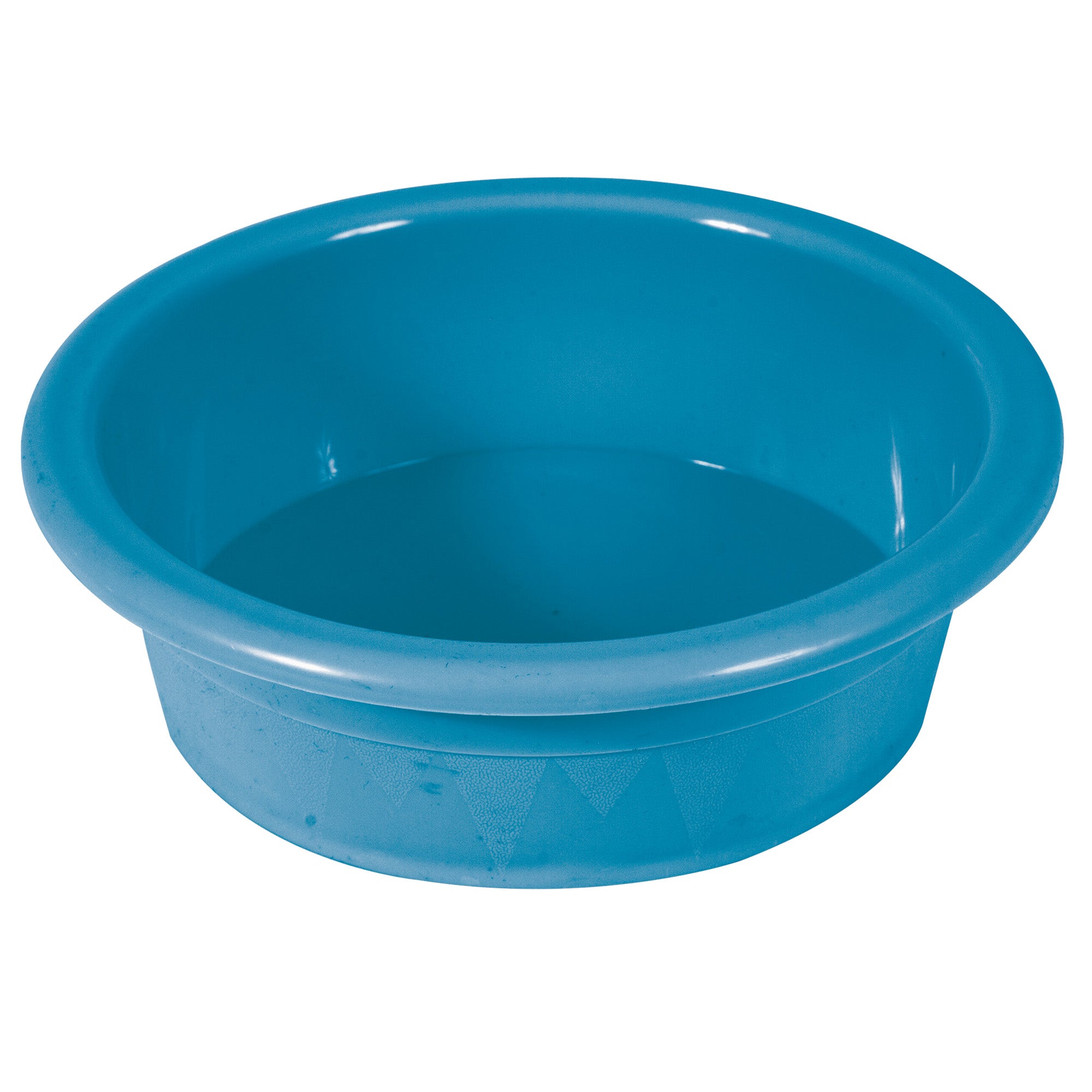 The Petmate Crock Bowl for Pets by Petmate is a bright blue, round plastic bowl with a smooth rim and slightly sloped sides, made from recycled materials for eco-friendly use.