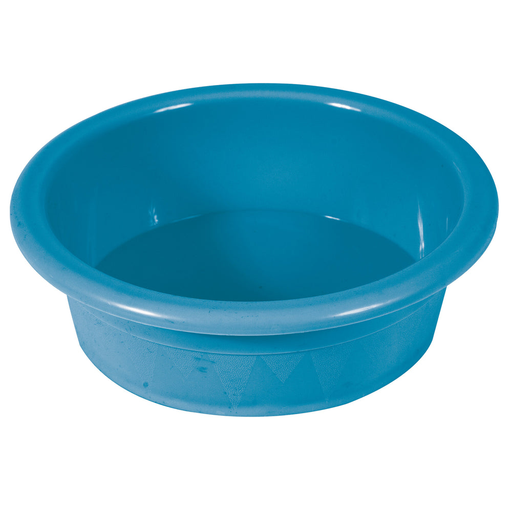 The Petmate Crock Bowl for Pets by Petmate is a bright blue, round plastic bowl with a smooth rim and slightly sloped sides, made from recycled materials for eco-friendly use.